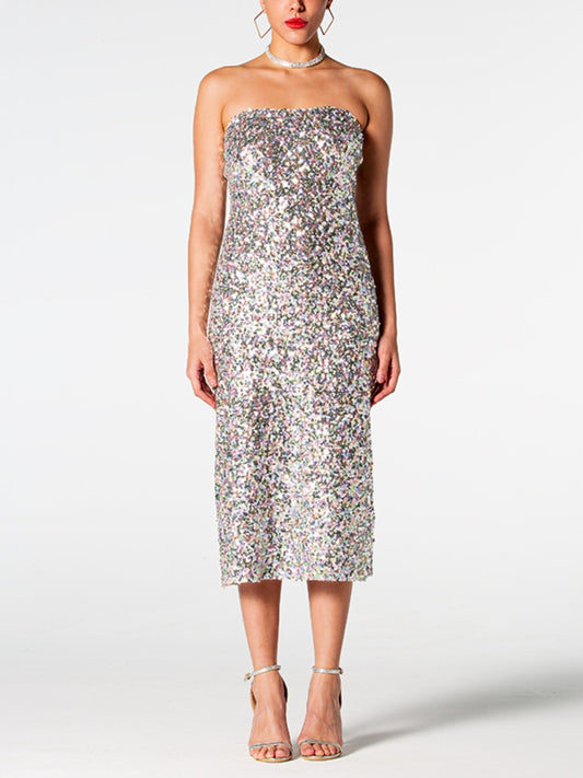 Sequin Straight Neck Midi Wrap Dress