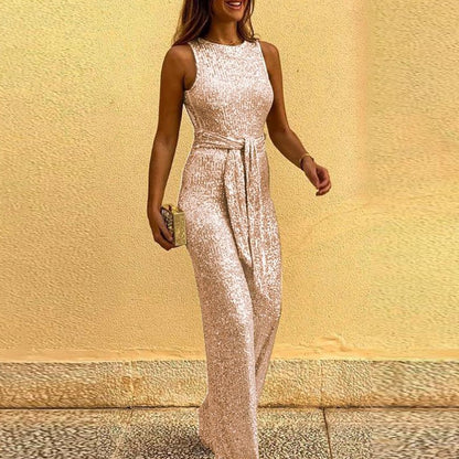 Round neck sleeveless personalized sequin silver dot jumpsuit pants women's clothing