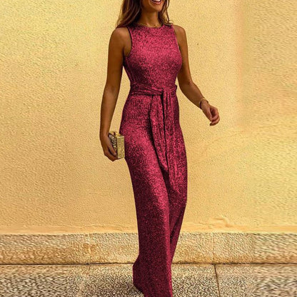 Round neck sleeveless personalized sequin silver dot jumpsuit pants women's clothing